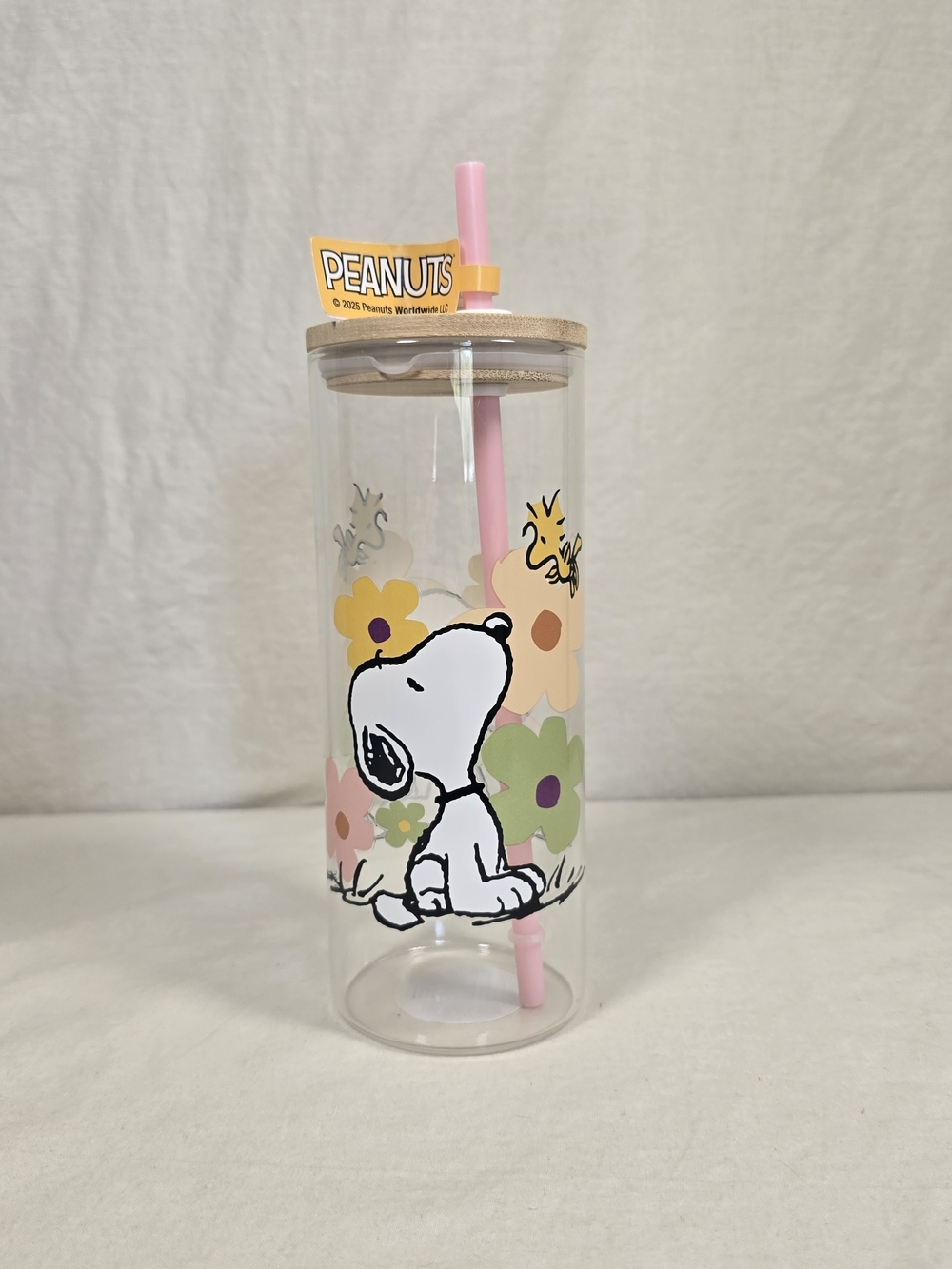 Peanuts Snoopy Woodstock Floral 23oz Glass Tumbler Bamboo Lid Straw 2025